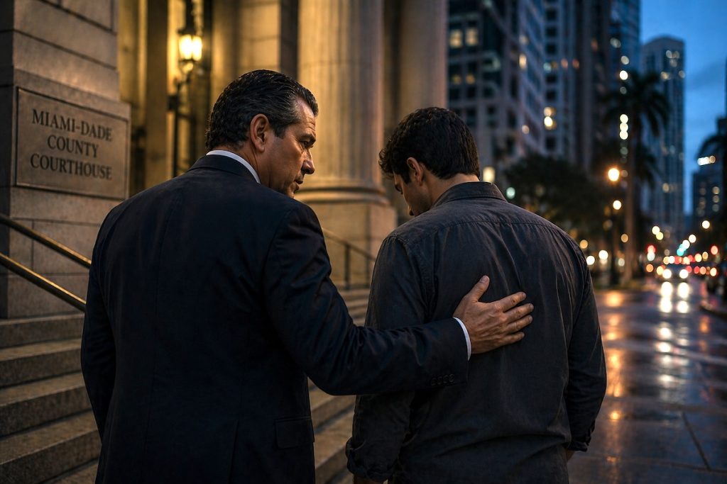 Miami criminal defense attorney walking with client outside courthouse at dusk