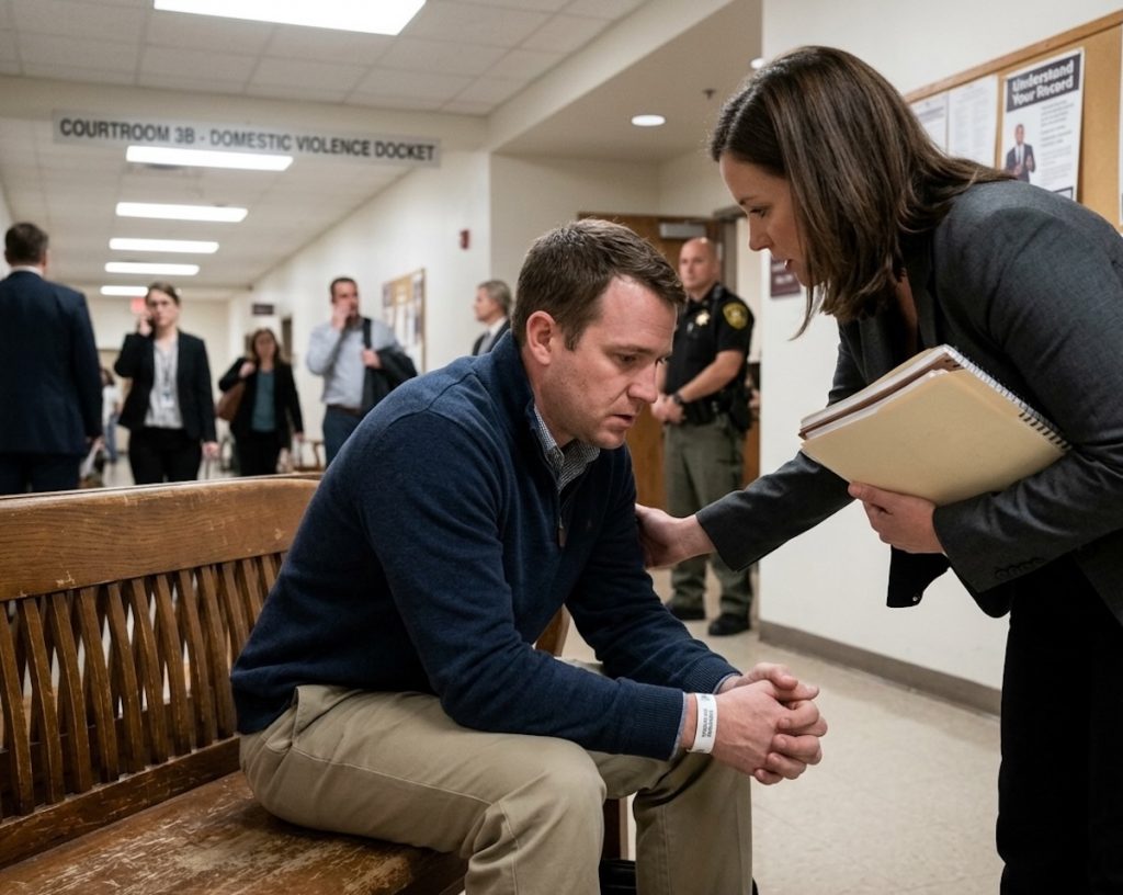 What to Do If You Are Falsely Accused of Domestic Violence in Florida Miami domestic violence defense attorney consulting with client outside courtroom 3B domestic violence docket