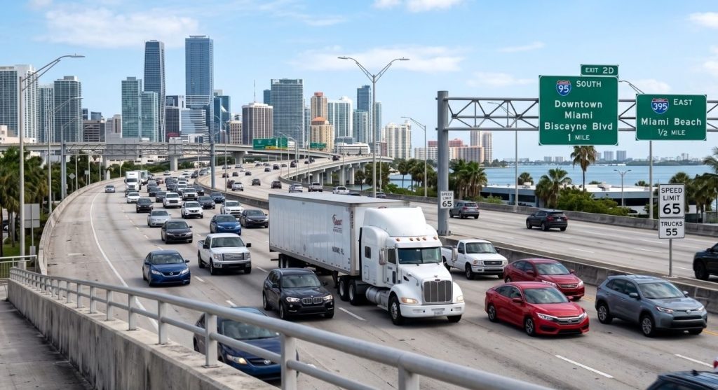 Traffic on I-95 in Miami with the downtown skyline and Miami highway exit signs