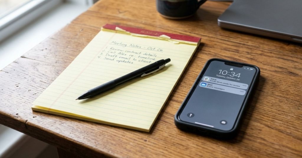 Phone and legal notes on a desk, representing the choice between consulting AI and speaking with a licensed attorney