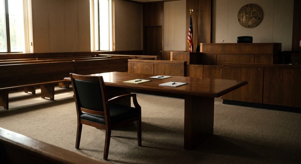 Empty chair and table in a Miami-Dade courtroom, representing the experience of appearing in court without an attorney