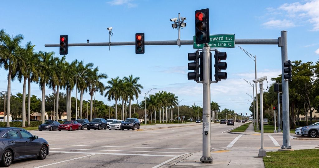 Red light camera at a Florida intersection representing the state's unconstitutional ruling