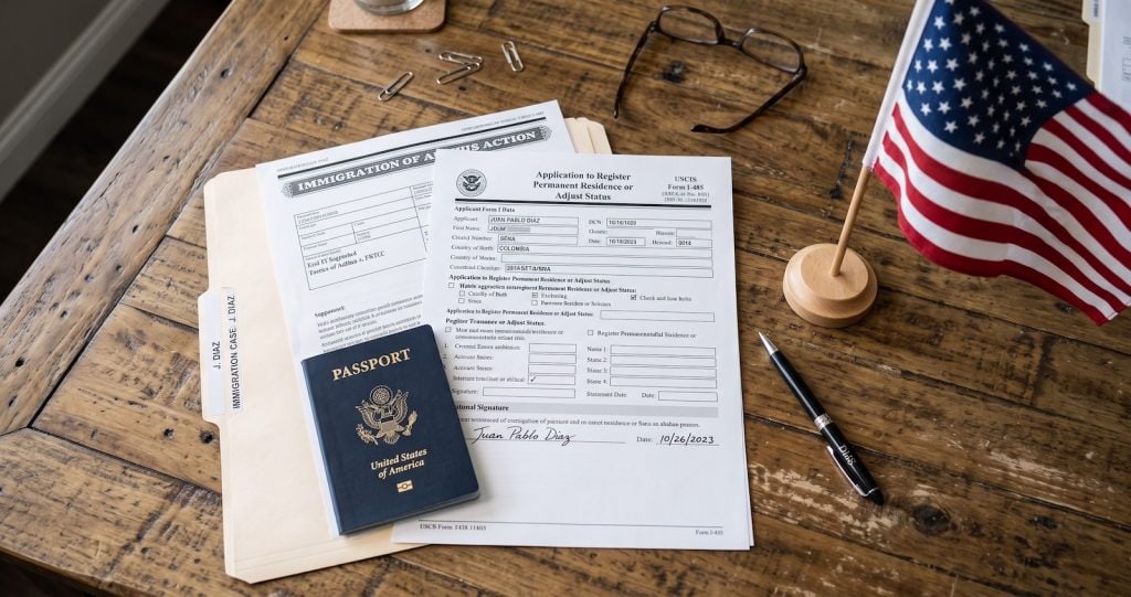 American flag and immigration documents representing VAWA and U visa paths for domestic violence victims