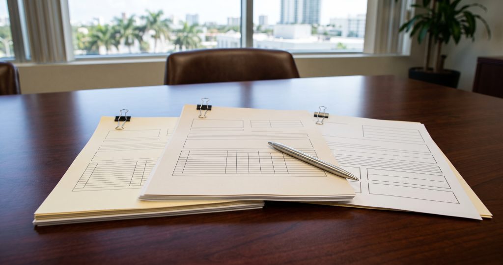 Insurance claim paperwork on a desk representing a Florida at-fault car accident