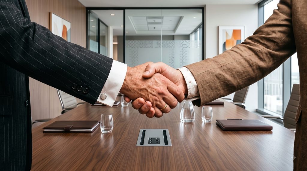 Handshake over a signed agreement representing a Florida contingency fee guide