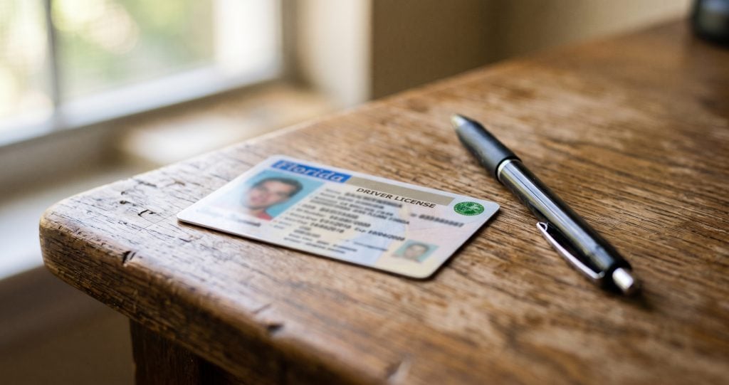 Florida driver license on a table representing a first-time DUI license suspension