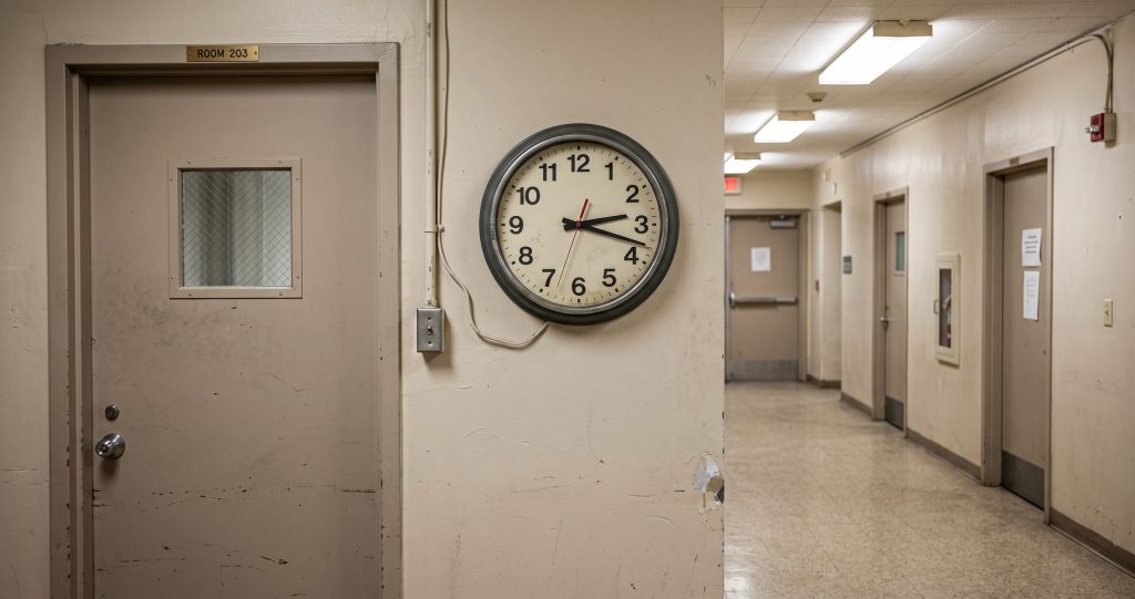 I Was Just Arrested in Florida. Do I Need a Lawyer Now? Wall clock in a government building hallway representing the timeline after a Florida arrest