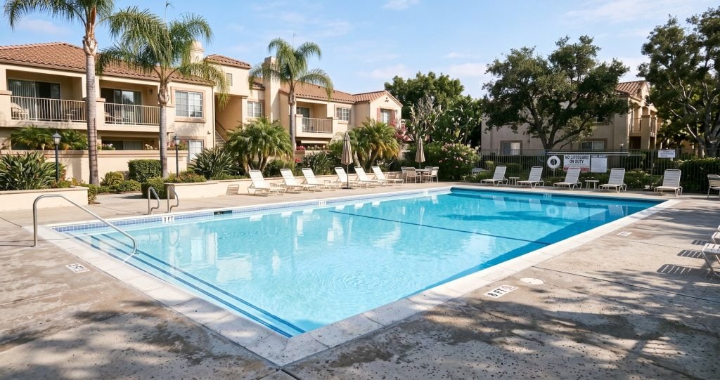 Empty residential swimming pool representing Florida sex offender residency restrictions under SB 212
