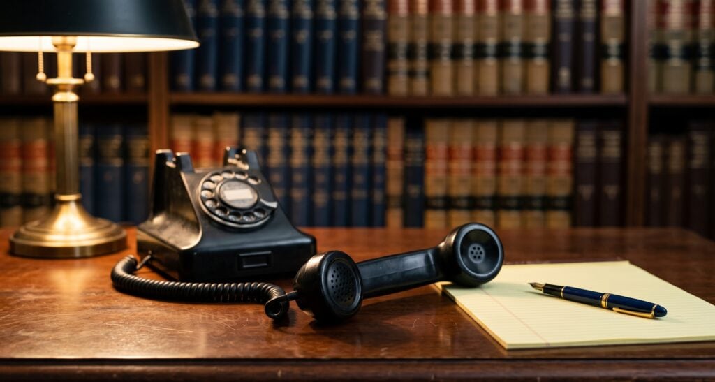 Desk telephone, legal pad and fountain pen for a free lawyer consultation call