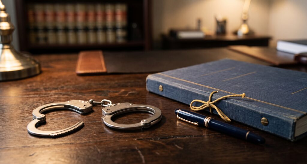 Handcuffs and legal case file difference arrest formal charges Florida