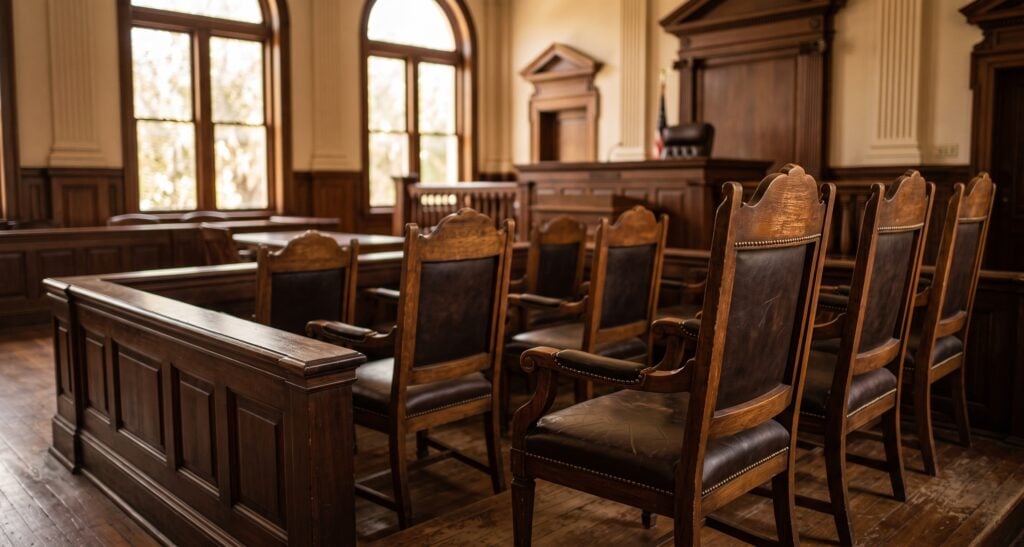Empty jury box six chairs Florida jury trial versus bench trial