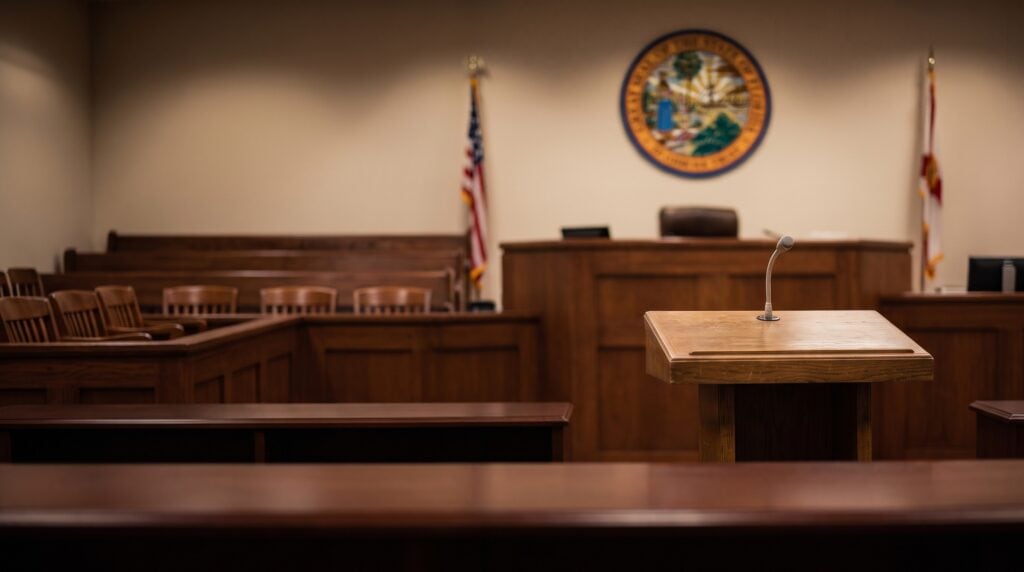 Courtroom podium arraignment plea hearing Florida criminal case