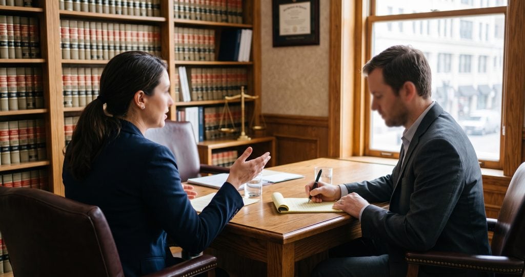 A client and attorney discussing DUI defense questions during a legal consultation