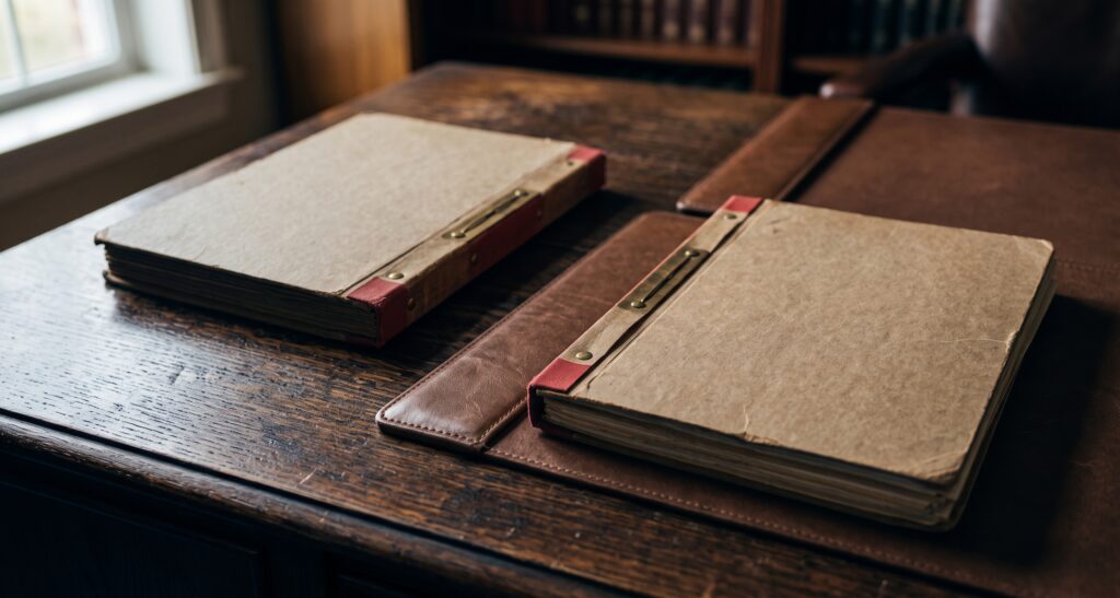 Two separate court document folders representing a civil domestic violence injunction and a criminal charge in Florida