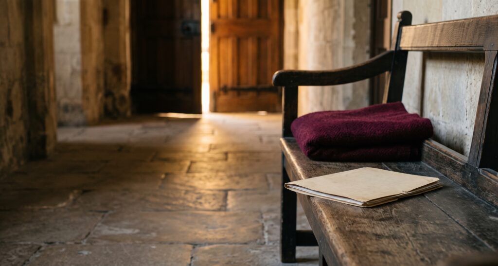 Sunlit doorway at the end of a stone hallway, with a closed case file on a wooden bench in the foreground