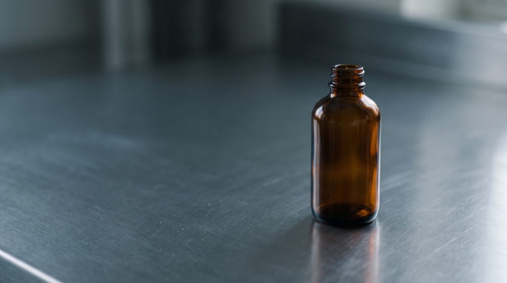 A plain unlabeled amber glass bottle on a clean steel counter in soft light