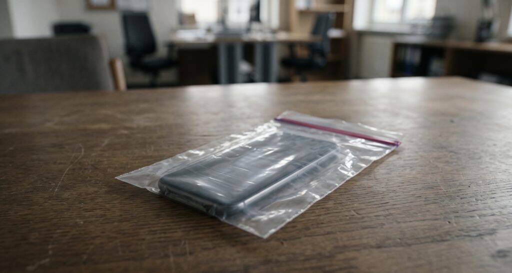 A smartphone sealed in a clear evidence bag on a wooden table in soft light